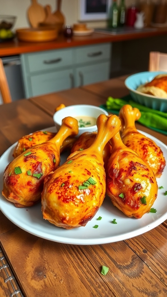 Crispy baked chicken drumsticks served on a plate with herbs and dipping sauce.